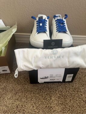 Versace La Greca Varsity White Leather Sneakers with Blue Laces size Euro 42 US9